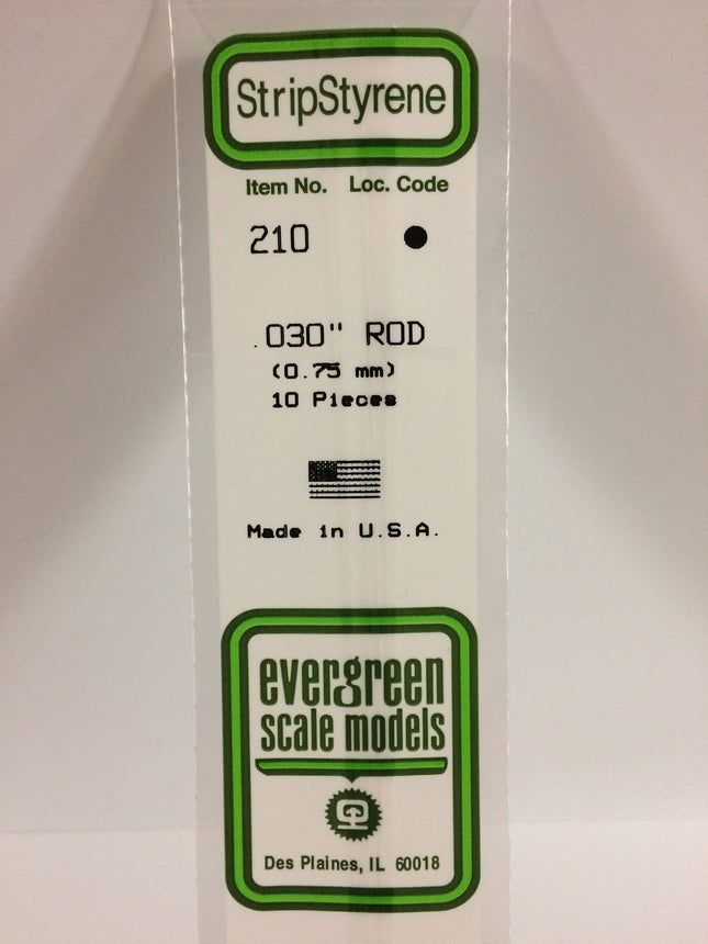 Evergreen 210 .030" (.75mm) OD White Styrene Rod All Scales - package