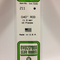 Evergreen 211 .040" (1.0mm) OD White Styrene Rod All Scales - package
