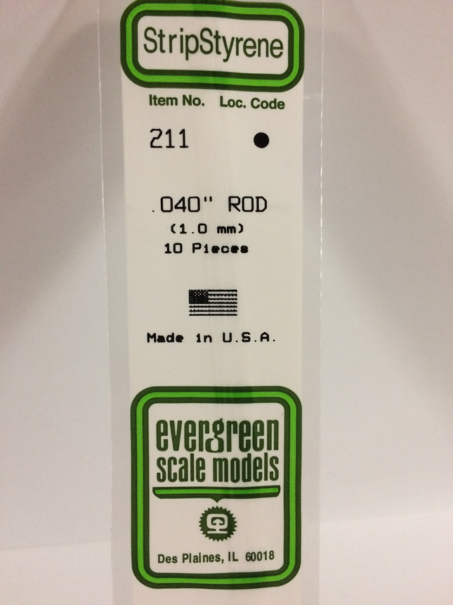 Evergreen 211 .040" (1.0mm) OD White Styrene Rod All Scales - package
