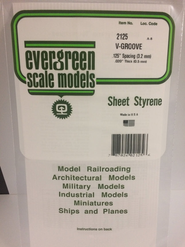 Evergreen 2125 .125" White Styrene V Groove Siding All Scales - package