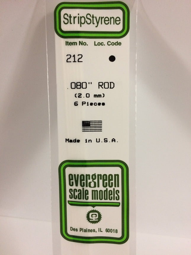 Evergreen 212 .080" (2.0mm) OD White Styrene Rod All Scales - package