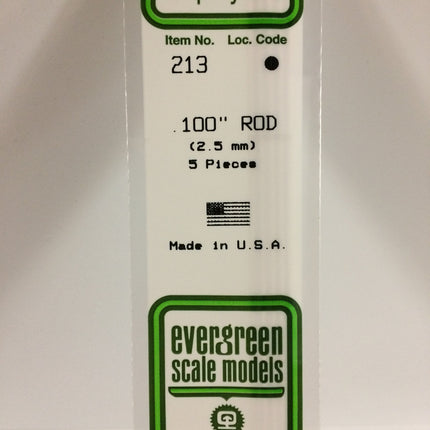 Evergreen 213 .100" (2.5mm) OD White Styrene Rod All Scales - package