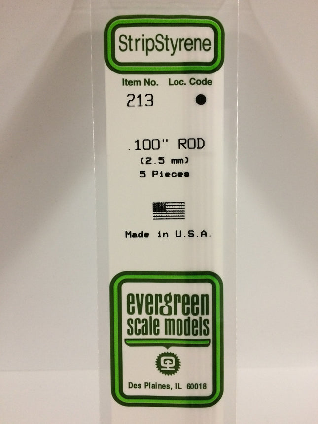 Evergreen 213 .100" (2.5mm) OD White Styrene Rod All Scales - package