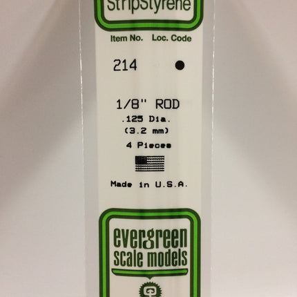 Evergreen 214 .125" (3.2mm) OD White Styrene Rod All Scales - package