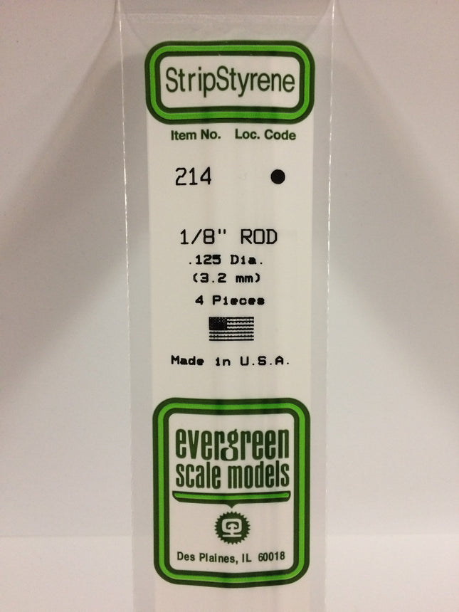 Evergreen 214 .125" (3.2mm) OD White Styrene Rod All Scales - package