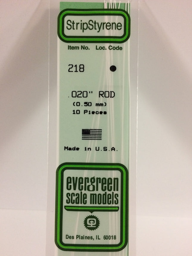 Evergreen 218 .020" (.5mm) OD White Styrene Rod All Scales - package