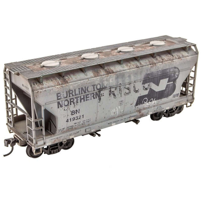 Micro Trains 2200 001 | ACF 2-Bay Covered Hopper - Unassembled Accurail Kit - Burlington Northern #419321 (Weathered; gray, black; Graffiti) | HO Scale