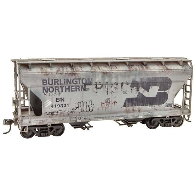 Micro Trains 2200 001 | ACF 2-Bay Covered Hopper - Unassembled Accurail Kit - Burlington Northern #419321 (Weathered; gray, black; Graffiti) | HO Scale