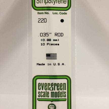 Evergreen 220 .035" (.88mm) OD White Styrene Rod All Scales - package