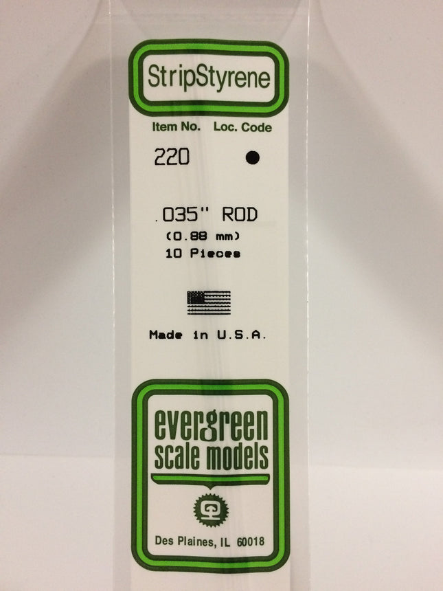 Evergreen 220 .035" (.88mm) OD White Styrene Rod All Scales - package