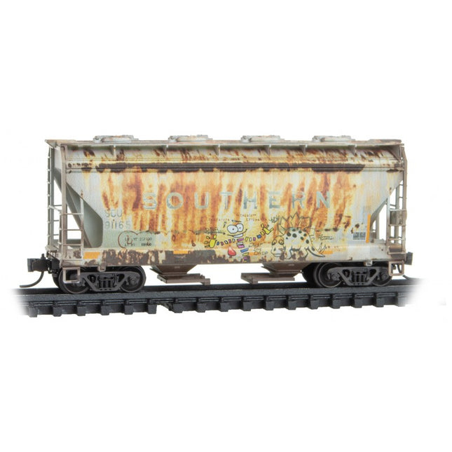 Micro Trains 98305037 | ACF 39' 2-Bay Center-Flow Covered Hopper Round Hatch 3-Pack (Jewel Cases) - Ready to Run - Southern Railway #91809, 91165, 91849 (Weathered, gray) | N Scale