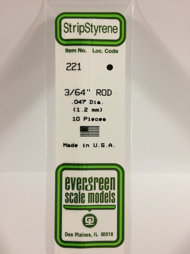 Evergreen 221 .047" (1.2mm) OD White Styrene Rod All Scales - package