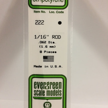 Evergreen 222 .062" (1.6mm) OD White Styrene Rod All Scales - package
