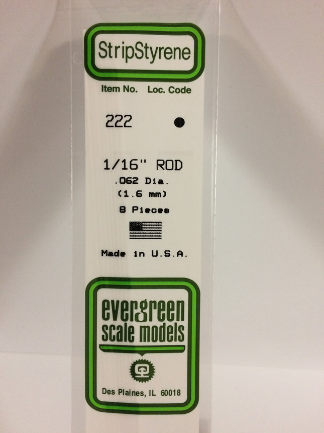 Evergreen 222 .062" (1.6mm) OD White Styrene Rod All Scales - package
