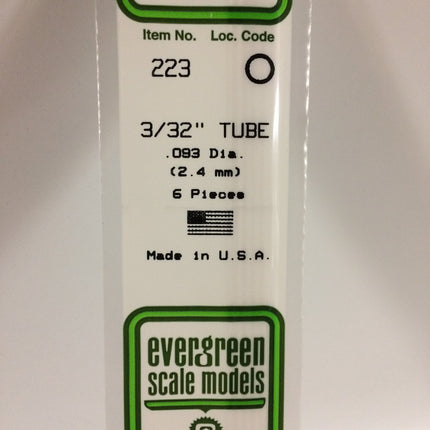 Evergreen 223 .093" (2.4mm) OD White Styrene Tubing All Scales - package