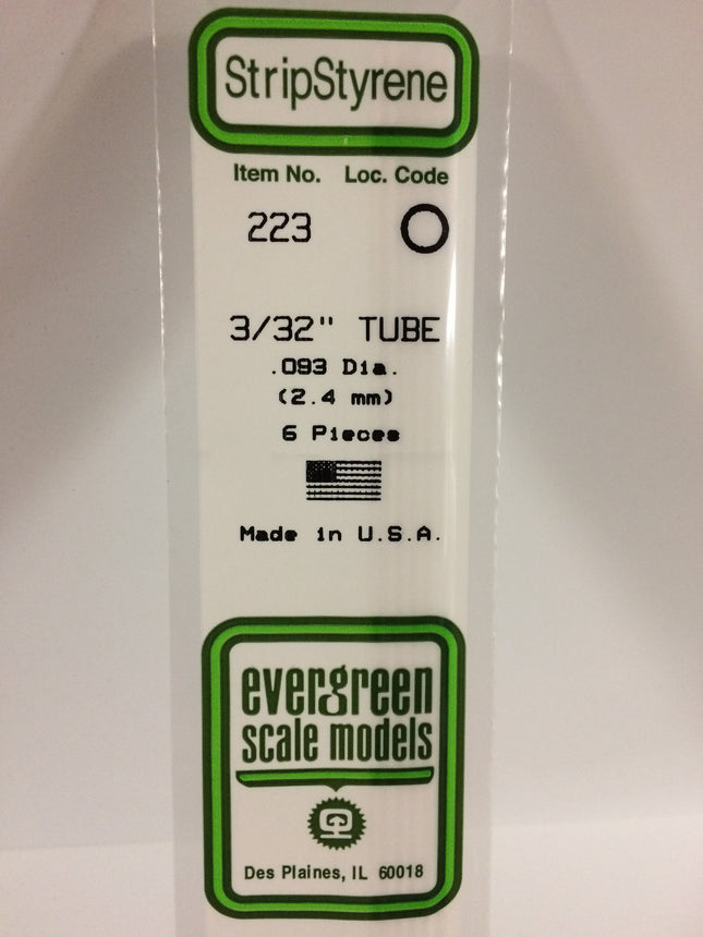 Evergreen 223 .093" (2.4mm) OD White Styrene Tubing All Scales - package