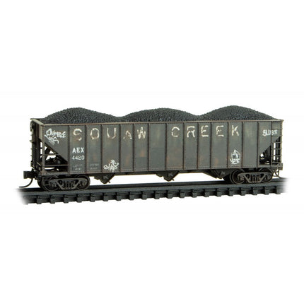Micro Trains 99305034 | 100-Ton 3-Bay Ribside Open Hopper w/Load 2-Pack (Foam Insert) - Ready to Run - Squaw Creek Coak AEX #4420, 4421 (Weathered, black, Graffiti) | N Scale