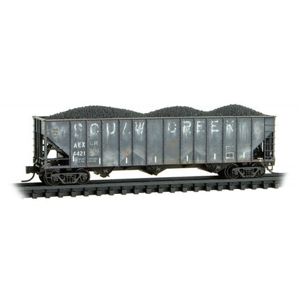 Micro Trains 98305034 | 100-Ton 3-Bay Ribside Open Hopper w/Load 2-Pack (Jewel Cases) - Ready to Run - Squaw Creek Coak AEX #4420, 4421 (Weathered, black, Graffiti) | N Scale