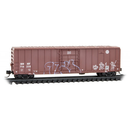 Micro Trains 98305048 | 50' Rib-Side Plug-Door Boxcar No Roofwalk 3-Pack (Jewel Cases) - Ready to Run - BNSF Railway #714028, 714235, 714243 (Weathered, Boxcar Red, Graffiti) | N Scale