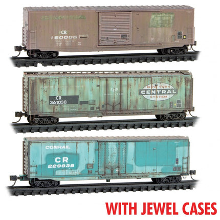 Micro Trains 98305041 | 50' Boxcar 3-Pack (2 Plug and 1 Single-Door) 3-Pack (Jewel Cases) - Ready to Run - Conrail #160005, 361038, 229938 (Weathered, ExpPC, NYC, Jade Green) | N Scale