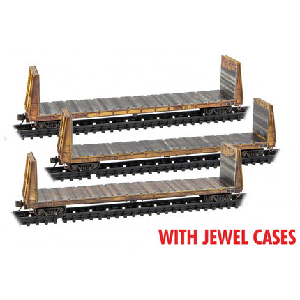 Micro Trains 98305049 | 61' 8" Bulkhead Flatcar 3-Pack (Jewel Cases) - Ready to Run - Union Pacific #216100, 215208, 215708 (Weathered, Armour Yellow) | N Scale