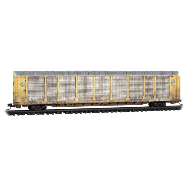 Micro Trains 11144103 | 89' Tri-Level Enclosed Auto Rack - Ready to Run - BNSF Railway TTX #852068 (Weathered, yellow, silver, black, graffiti) | N Scale