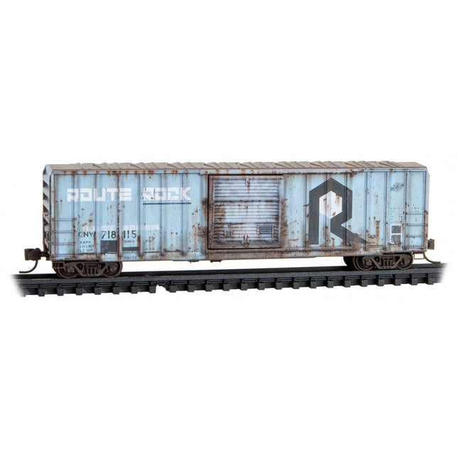 Micro Trains 98305043 | 50' Rib-Side Single-Door Boxcar No Roofwalk 2-Pack (Jewel Cases) - Ready to Run - Chicago & North Western #718115, 718463 (Ex-RI, 1 Each blue, white, Weathered) | N Scale