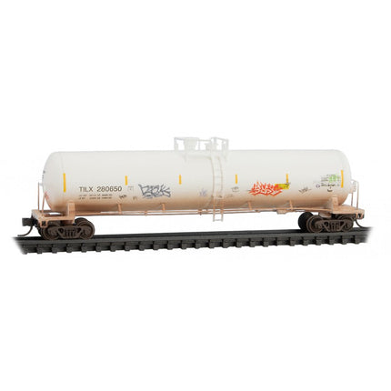 Micro Trains 98305059 | 56' General-Service Tank Car 3-Pack (Jewel Cases) - Ready to Run - Trinity Industries TILX #280721, 280673, 280650 (Weathered, white, graffiti) | N Scale