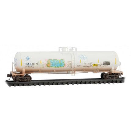 Micro Trains 98305059 | 56' General-Service Tank Car 3-Pack (Jewel Cases) - Ready to Run - Trinity Industries TILX #280721, 280673, 280650 (Weathered, white, graffiti) | N Scale