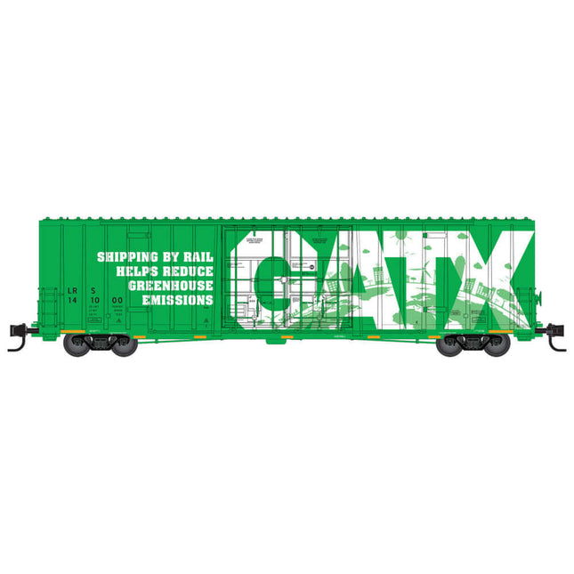 GATX green high-cube boxcar promoting rail shipping to reduce greenhouse emissions, model N scale, side view.