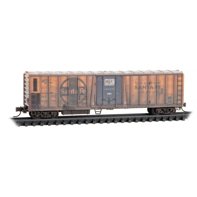 Micro Trains 98305063 | 51' 3-3/4" Riveted-Side Mechanical Reefer 2-Pack (Jewel Cases) - Ready to Run - Santa Fe #50798, 50773 (Weathered, orange, blue, black, Large Logo) | N Scale