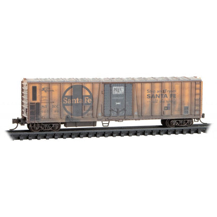 Micro Trains 98305063 | 51' 3-3/4" Riveted-Side Mechanical Reefer 2-Pack (Jewel Cases) - Ready to Run - Santa Fe #50798, 50773 (Weathered, orange, blue, black, Large Logo) | N Scale