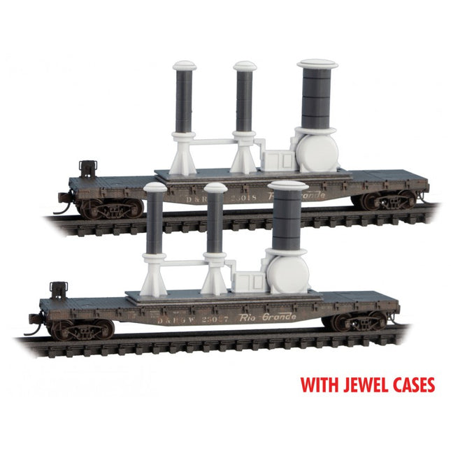 Micro Trains 98302232 | 50' Fishbelly-Side Flatcar w/Power Insulator 2-Pack (Jewel Cases) - Ready to Run - Denver & Rio Grande Western #23018, 23027 (Weathered, black) | N Scale