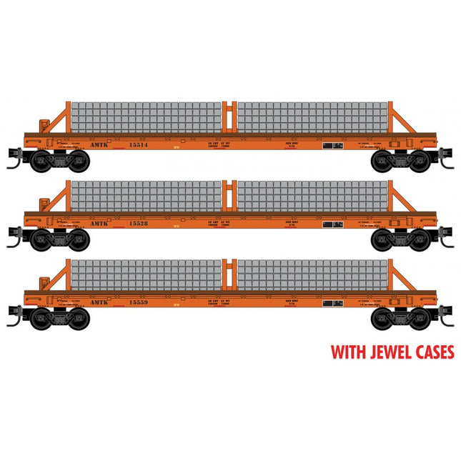Micro Trains 98302234 | 50' Straight-Side Flatcar w/Concrete Tie Load Kit 3-Pack (Jewel Case) - Ready to Run - Amtrak #15559, 15514, 15528 (orange) | N Scale
