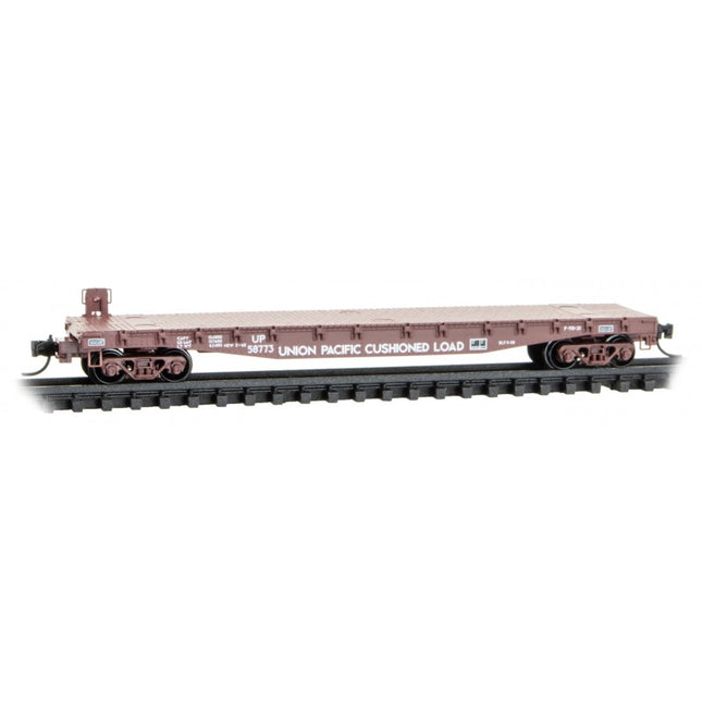 Micro Trains 04500721 | 50' Fishbelly-Side Flatcar with Side-Mount Brake Wheel - Ready to Run - Union Pacific #58773 (Boxcar Red, white, Cushioned Load Markings) | N Scale
