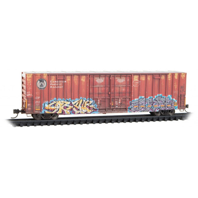 Micro Trains 12344073 | 60' Rib-Side, Double-Plug-Door High-Cube Boxcar - Ready to Run - Canadian Pacific #218288 (Weathered, red, white, graffiti) | N Scale