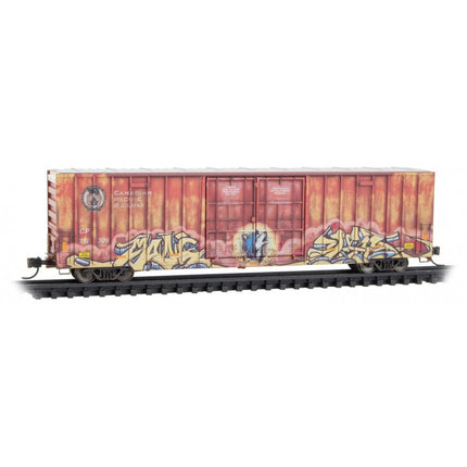 Micro Trains 12345073 | 60' Rib-Side, Double-Plug-Door High-Cube Boxcar - Ready to Run - Canadian Pacific #218309 (Weathered, red, white, graffiti) | N Scale