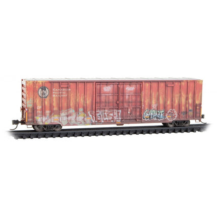 Micro Trains 12345073 | 60' Rib-Side, Double-Plug-Door High-Cube Boxcar - Ready to Run - Canadian Pacific #218309 (Weathered, red, white, graffiti) | N Scale