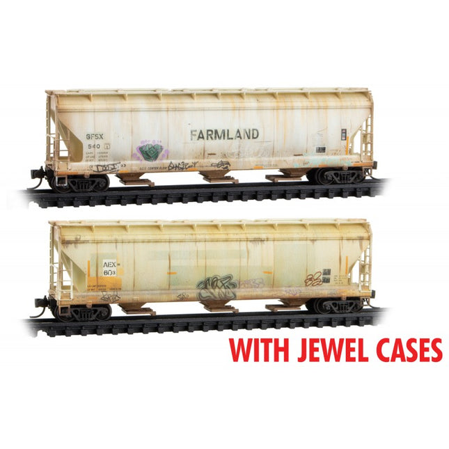 Micro Trains 98305065 | ACF 3-Bay Center-Flow Hopper w/Long Hatches 2-Pack (Jewel Cases) - Ready to Run - Farmland GFSX #540, AEX 603 (Weathered, gray, graffiti) | N Scale