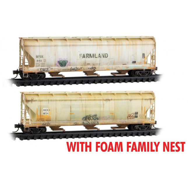 Micro Trains 99305065 | ACF 3-Bay Center-Flow Hopper w/Long Hatches 2-Pack (Foam Insert) - Ready to Run - Farmland GFSX #540, AEX 603 (Weathered, gray, graffiti) | N Scale