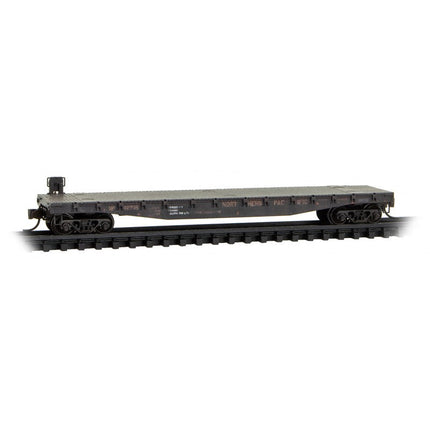 Micro Trains 983 02 240 | 65' Mill Gondolas, 50' Idler Flatcar, Pole Loads 3-Pack (Jewel Case) - Ready to Run - Northern Pacific #56059, 62785, 56080 (Weathered, black, white) | N Scale