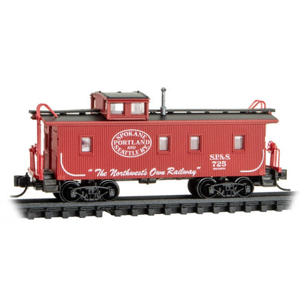 Micro Trains 05100061 | 34' Wood-Sheathed Caboose with Straight Cupola - Ready to Run - Spokane, Portland & Seattle #725 (red, black, white, Northwest's Own Slogan) | N Scale