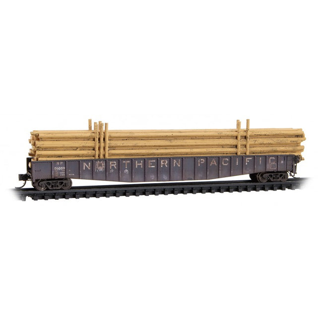 Micro Trains 993 02 240 | 65' Mill Gondolas, 50' Idler Flatcar, Pole Loads 3-Pack (Foam) - Ready to Run - Northern Pacific #56059, 62785, 56080 (Weathered, black, white) | N Scale