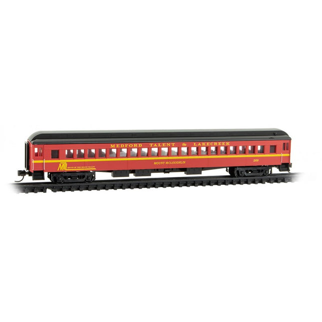Micro Trains 993 02 236 | Heavyweight Dinner Train Set w/2 Coaches, Diner, Observation 4-Pack (Foam) - Ready to Run - Medford, Talent & Lakecreek (1970s - 1980s Scheme, red, yellow, black) | N Scale