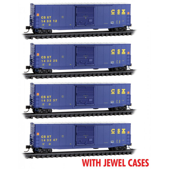 Micro Trains 98300220 | 50' Boxcar with 10' Door, No Roofwalk 4-Pack (Jewel Case) - Ready to Run - CSX #143237, 143247, 143225, 143212 (blue, yellow) | N Scale