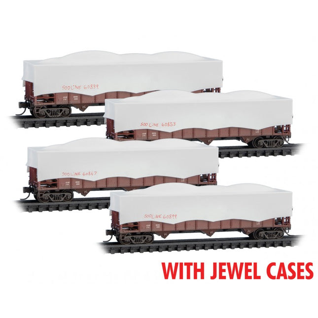 Micro Trains 983 02 239 | 100-Ton 3-Bay Ribside Open Hopper w/Tarp Cover 4-Pack (Jewel Case) - Ready to Run - Soo Line #60867, 60839, 60825, 60809 (Weathered, Boxcar Red) | N Scale