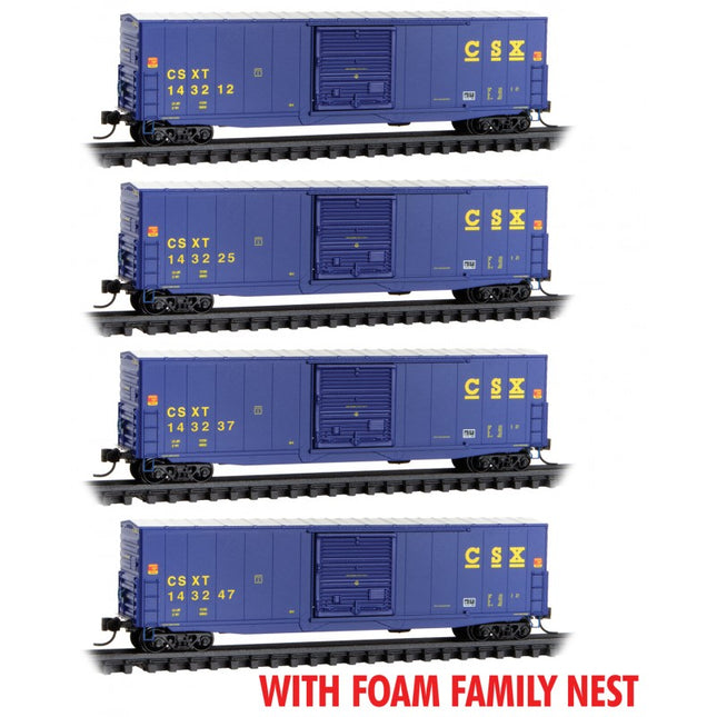 Micro Trains 99300220 | 50' Boxcar with 10' Door, No Roofwalk 4-Pack (Foam Insert) - Ready to Run - CSX #143237, 143247, 143225, 143212 (blue, yellow) | N Scale