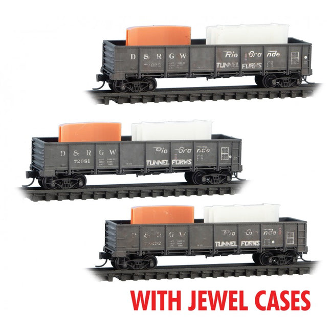 Micro Trains 983 02 244 | 40' Drop-Bottom Gondola w/Tunnel Forms Load 3-Pack (Jewel Case) - Ready to Run - Denver & Rio Grande Western #72692, 72628, 72681 (Weathered, black) | N Scale