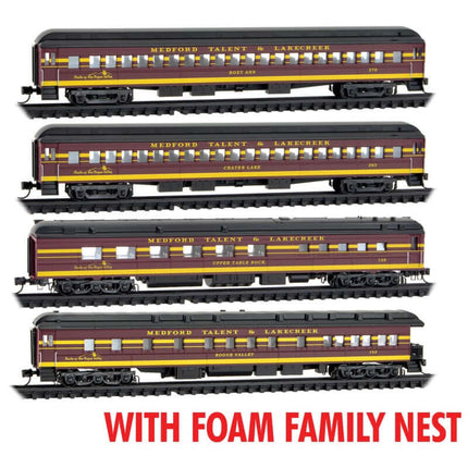 Micro Trains 993 02 237 | Heavyweight Dinner Train Set w/2 Coaches, Diner, Observation 4-Pack (Foam) - Ready to Run - Medford, Talent & Lakecreek (1930s - 1950s Scheme, maroon, yellow, black) | N Scale