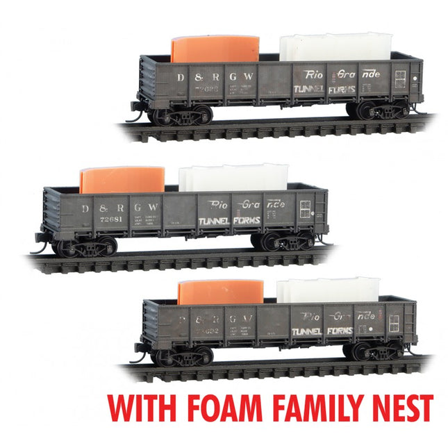 Micro Trains 993 02 244 | 40' Drop-Bottom Gondola w/Tunnel Forms Load 3-Pack (Foam) - Ready to Run - Denver & Rio Grande Western #72692, 72628, 72681 (Weathered, black) | N Scale